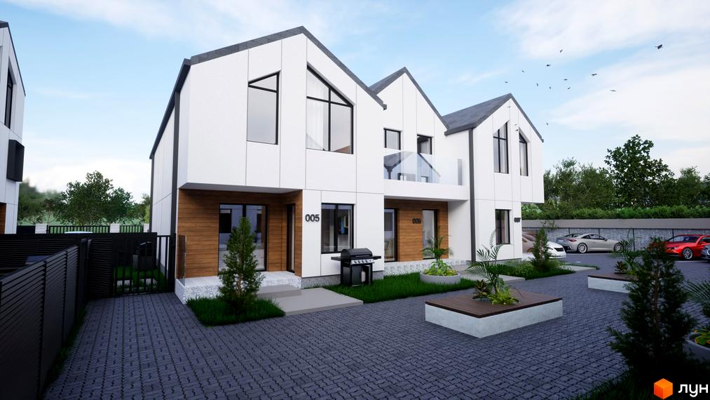 Таунхауси „ДивоТаун“: білі будинки з темними дахами та дерев'яними елементами, оточені бруківкою та зеленими насадженнями.