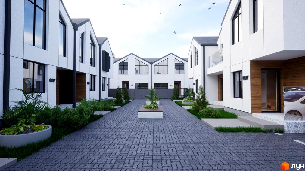 Таунхауси „ДивоТаун“: білі будинки з темними дахами, великими вікнами та дерев'яними акцентами. Дорога вимощена бруківкою, прибудинкова територія озеленена.