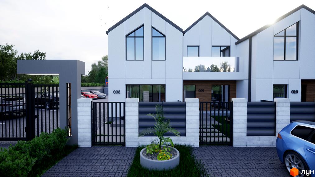 Таунхауси „ДивоТаун“: сучасні білі фасади з великими вікнами, огороджена територія з парканом та доглянутою прибудинковою територією.