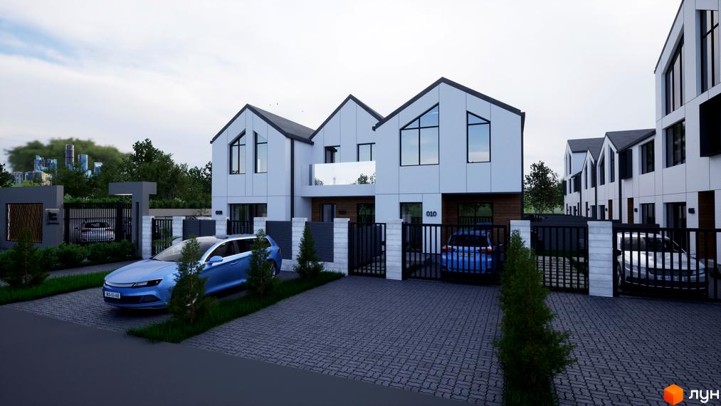 Таунхауси „ДивоТаун“: білі таунхауси з темними дахами та великими вікнами. Перед будинками вимощені доріжки, зелені насадження та автомобілі.