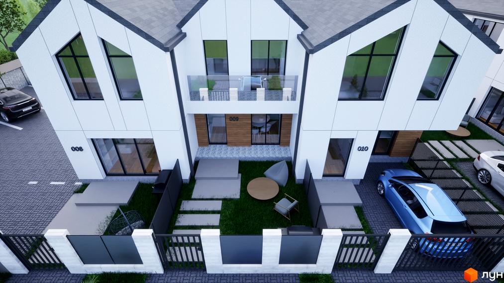 Таунхауси „ДивоТаун“ з білими фасадами, темними дахами та великими вікнами. Прибудинкова територія має зелені газони, вимощені доріжки та паркувальні місця.