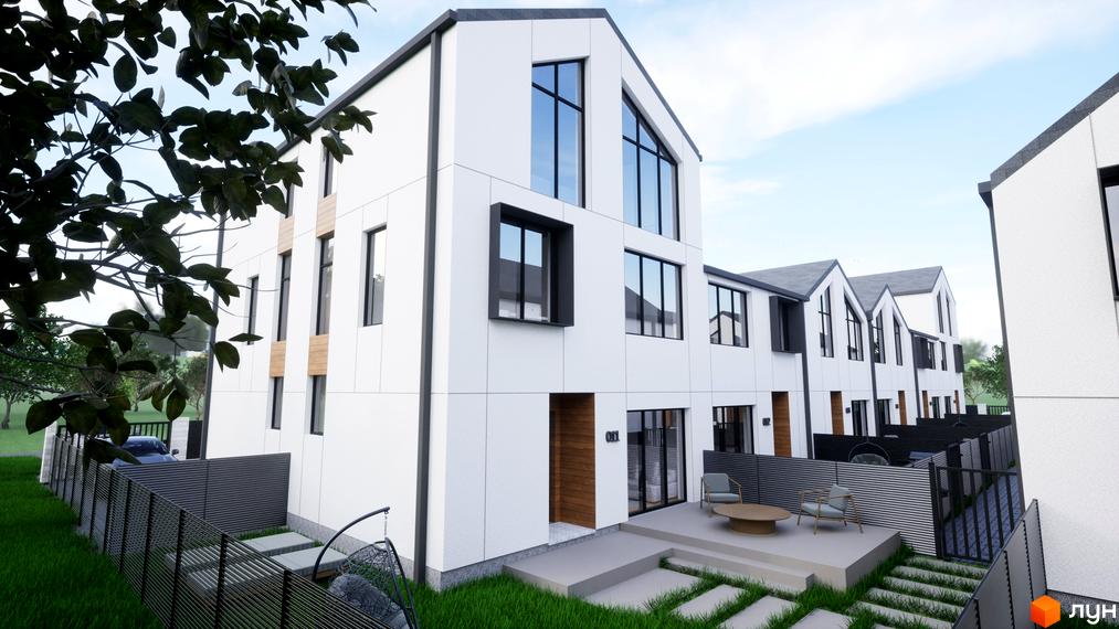 Фасад таунхаусів ДивоТаун: білі стіни, темні віконні рами та гострі дахи. Прибудинкова територія з газоном, патіо та огорожею.
