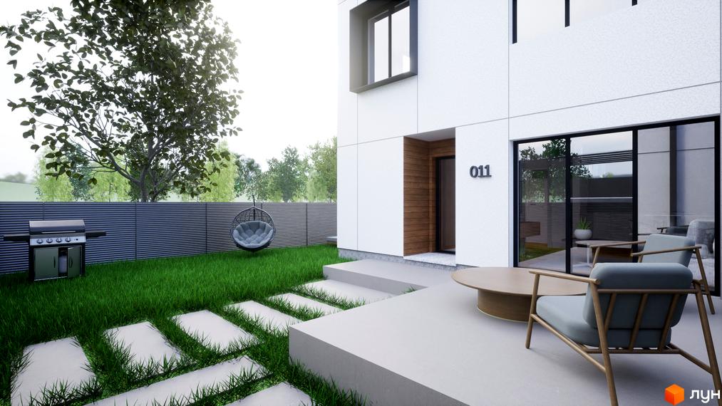 Фасад таунхауса „ДивоТаун“ з білими стінами та дерев'яним входом. На подвір'ї зелений газон, тераса з меблями та зона барбекю.