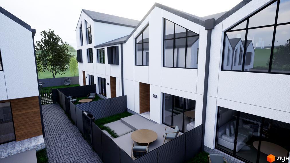 Зовнішній вигляд таунхаусів ДивоТаун з великими вікнами та прибудинковою територією з зонами відпочинку. Комплекс з білими фасадами та темними дахами.