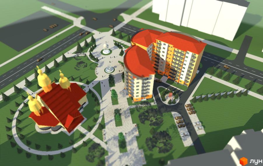 Візуалізація Житлового комплексу на вул. Миколайчука, 6. На фото будівлі з червоними дахами та прилегла територія з парком.