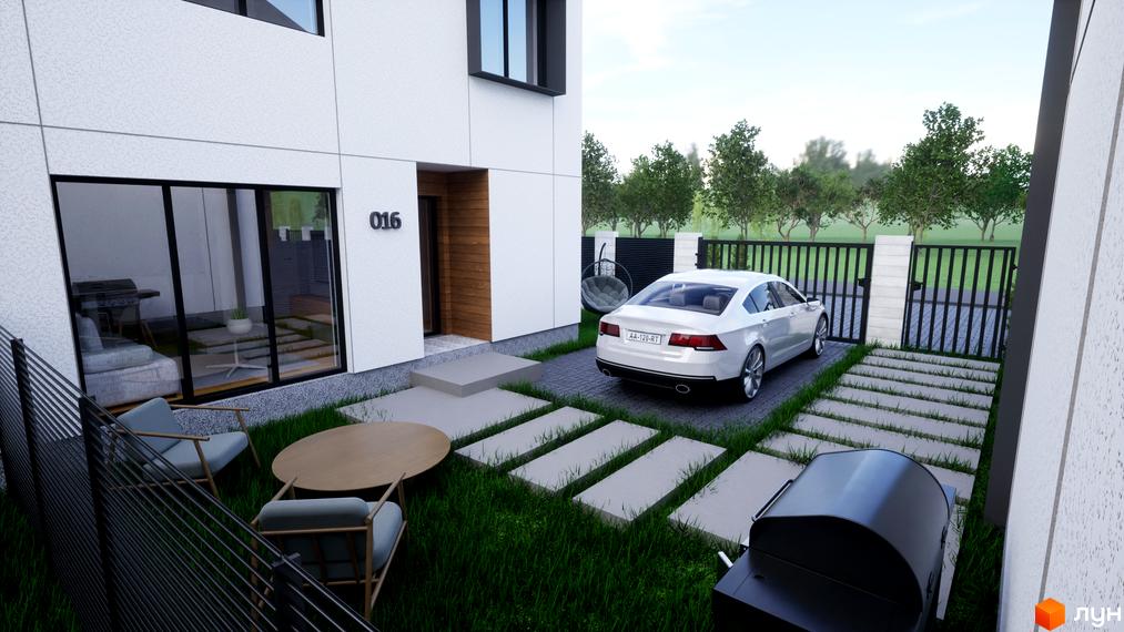 Таунхауси „ДивоТаун“: фасад будинку номер 016 з білою обробкою та панорамними вікнами. На подвір'ї газон, доріжки та автомобіль.