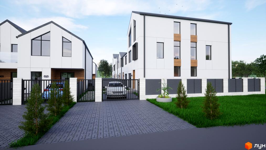 Білі таунхауси „ДивоТаун“ з темними дахами та дерев'яними елементами. Перед будинками бруковані доріжки, металеві огорожі та зелені газони.