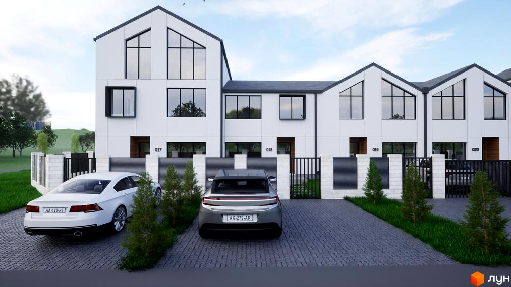 Таунхауси „ДивоТаун“: ряд білих будинків з темними дахами та великими вікнами, з вимощеними доріжками та зеленими насадженнями.