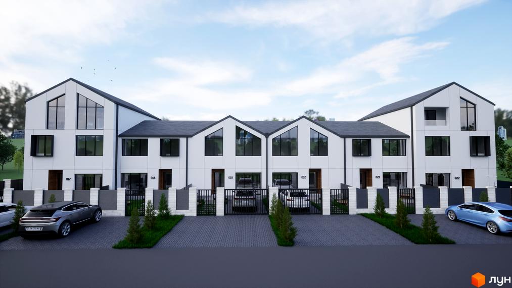 Таунхауси „ДивоТаун“: білі будинки з гостроверхими дахами та великими вікнами, доповнені вимощеними під'їздами та огорожею.