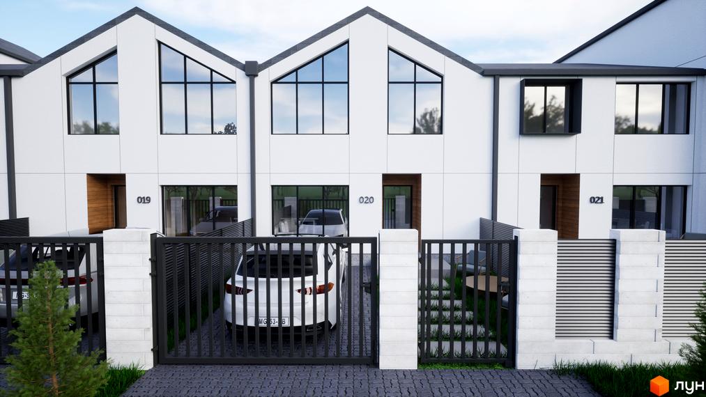 Зображення Таунхаусів „ДивоТаун“: ряд білих будинків з темними дахами та великими вікнами. Перед будинками – бруківка, металеві огорожі та зелені насадження.