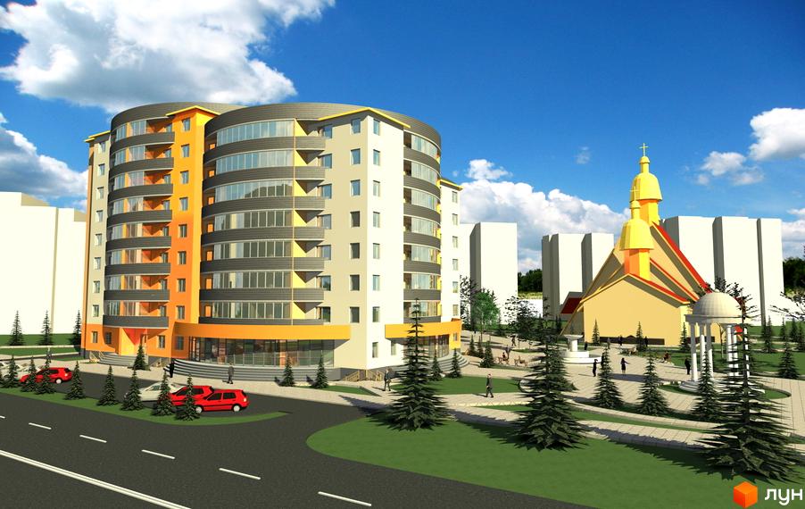 Зображення житлового будинку на вул. Миколайчука, 6. Багатоповерхова будівля з помаранчевими вставками, поруч зелена зона з деревами та пішохідними доріжками.