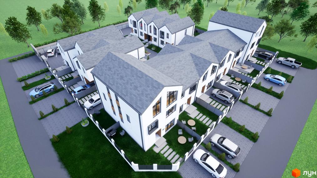 Таунхауси „ДивоТаун“: білі будинки з сірими дахами та великими вікнами. Прибудинкова територія має газони, доріжки та парковки.