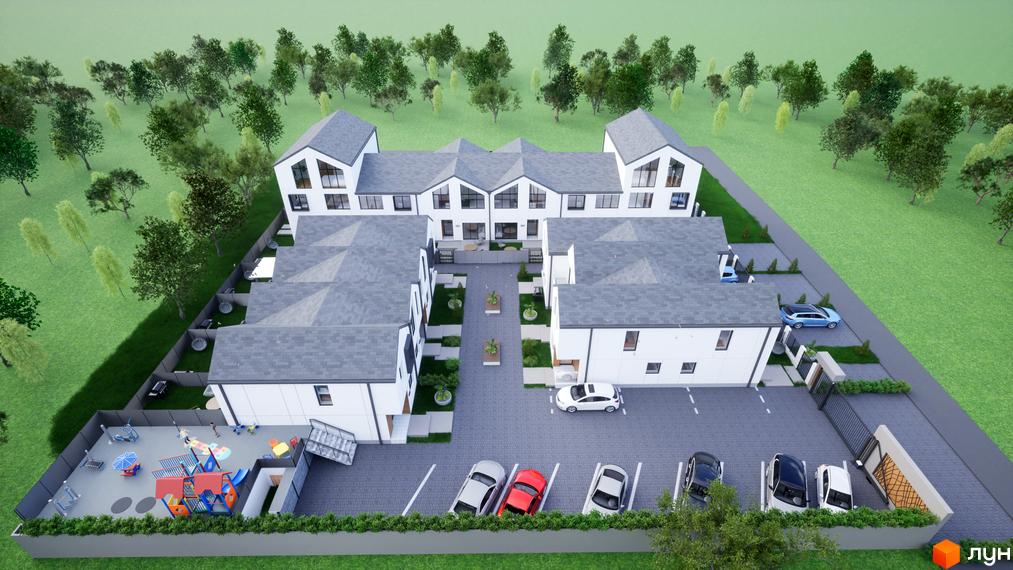 Таунхауси „ДивоТаун“ мають білі фасади та сірі дахи. На території комплексу розташовані парковки, внутрішній двір та дитячий майданчик.