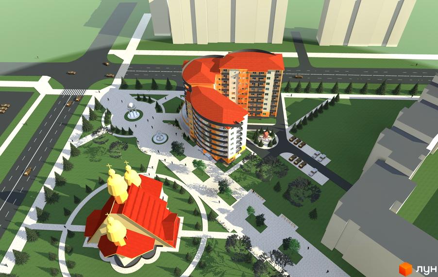 Зображення житлового комплексу на вул. Миколайчука, 6. На фото видно багатоповерхівку з червоним дахом та облаштовану прибудинкову територію.