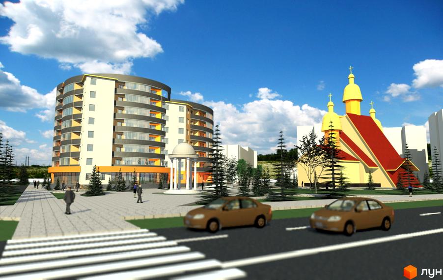 Зображення будинку на вул. Миколайчука, 6. Багатоповерхова будівля з круглими балконами та прилеглою територією з автомобілями та пішоходами.