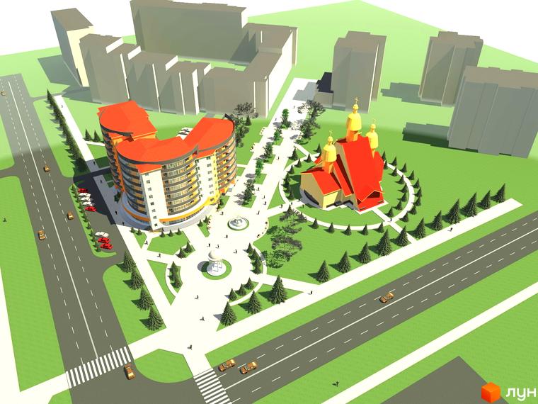 Зображення Житлового комплексу на вул. Миколайчука, 6. На фото будівля з червоним дахом та прилегла територія з деревами і дорогою.