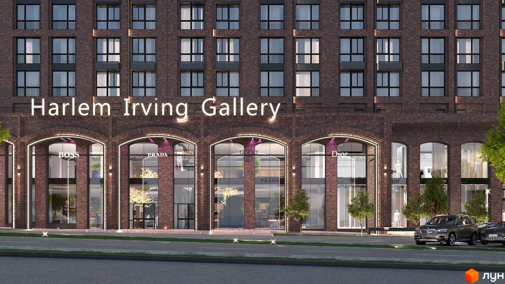 Житловий комплекс Chicago з фасадом з темної цегли та великими вітринами магазинів на першому поверсі. Перед будинком розташована дорога та зелені насадження.