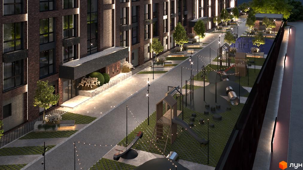 Житловий комплекс Chicago: темно-цегляний фасад з вертикальною підсвіткою. Прибудинкова територія має освітлені доріжки, зелені зони та дитячі майданчики.