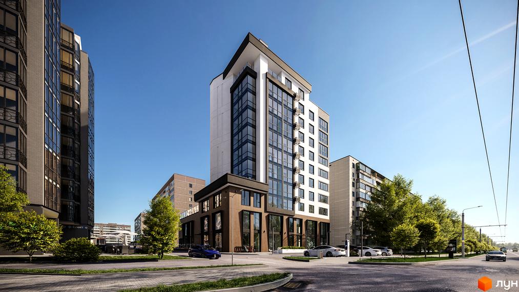Висотна будівля ЖК Зоряний-4 з панорамними вікнами та терасою. На прибудинковій території є парковка та зелені насадження.