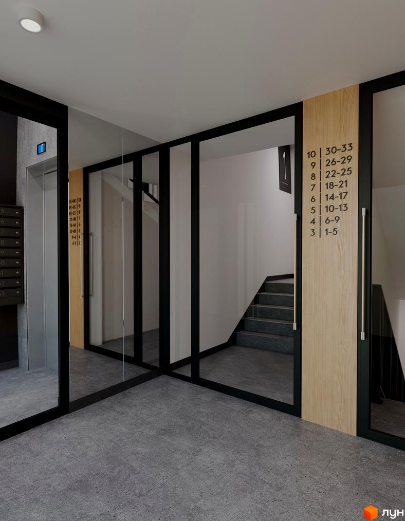 Сучасний вхід у житловий комплекс Зоряний-4 з ліфтом та сходовою кліткою. Оздоблення натуральним деревом та скляними елементами.