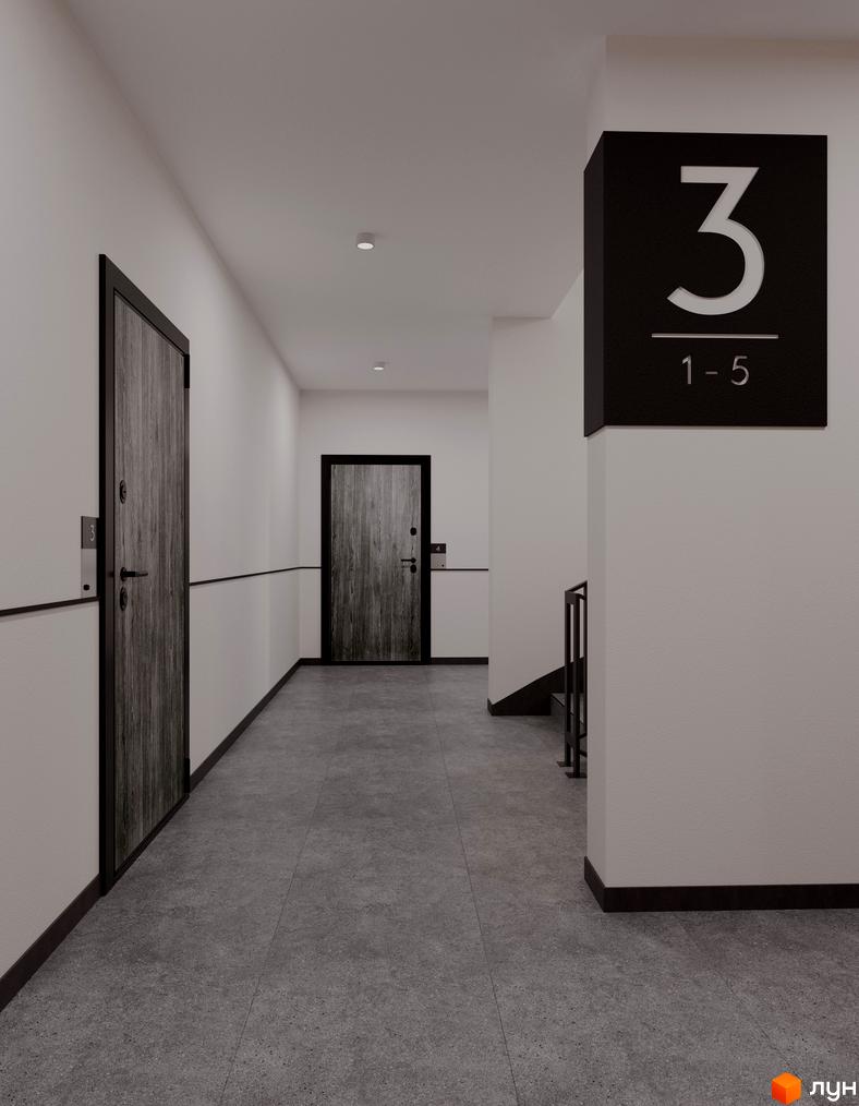 Комплекс Зоряний-4: сучасний коридор з дверима та вивіскою номера поверху 3. Зовнішній вигляд новобудови та її внутрішнє оздоблення.