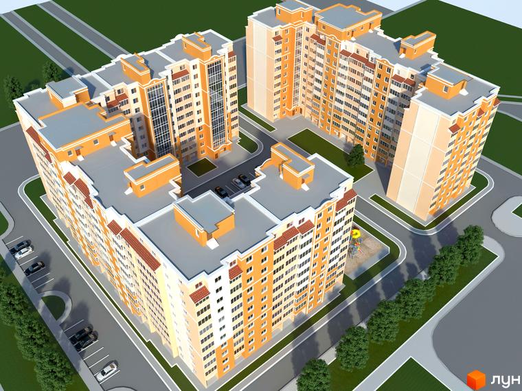 Високоповерхові будинки житлового комплексу Суворівський 2 з помаранчевими фасадами та великою прибудинковою територією з парковкою та зеленими насадженнями.
