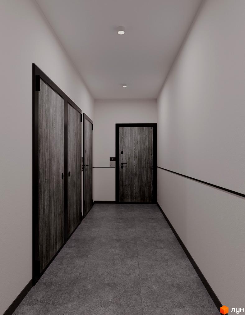 Коридор в новобудові ЖБК Зоряний-4 з темними дверима та сірою підлогою. Світлі стіни та вбудоване освітлення створюють відчуття простору.