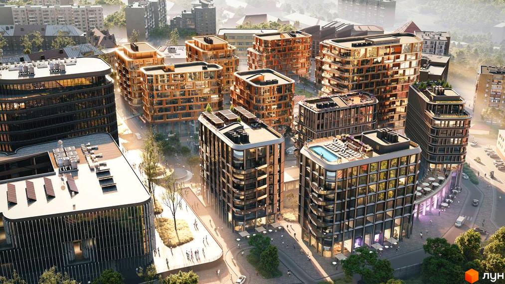 Сучасний житловий комплекс LVIV CITY з багатоповерховими будинками та доглянутою прибудинковою територією. На даху одного з будинків розташований басейн.