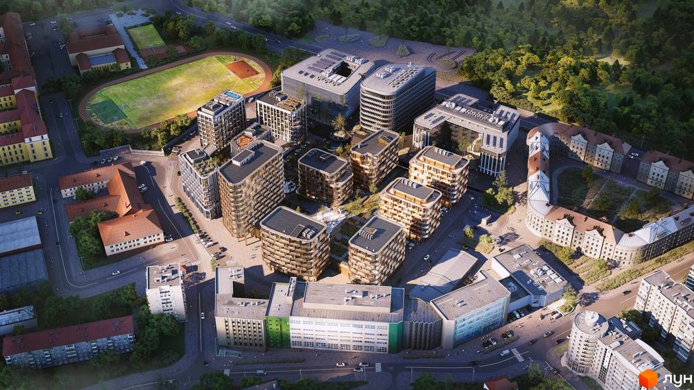 Аерофотозйомка комплексу LVIV CITY з різноманітною архітектурою та зеленими зонами. Огляд сучасних будівель та прибудинкової території.