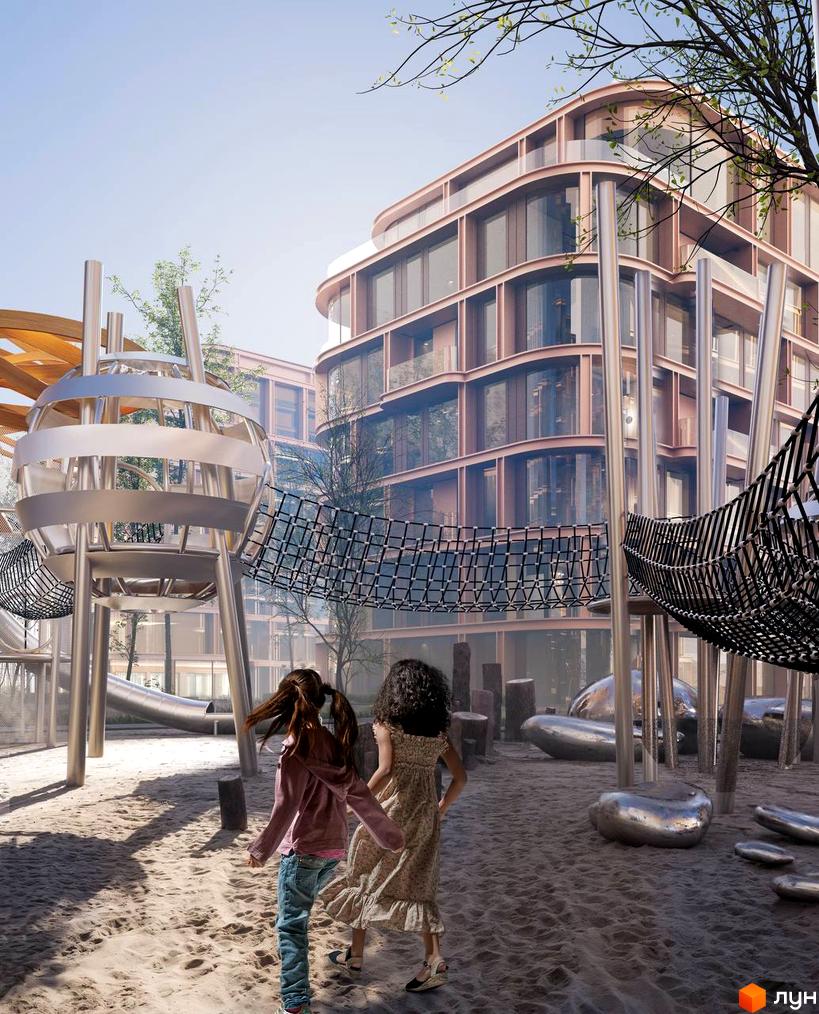 Житловий комплекс LVIV CITY з оригінальною фасадною архітектурою та сучасною дитячою зоною з ігровими конструкціями та пісочницею.