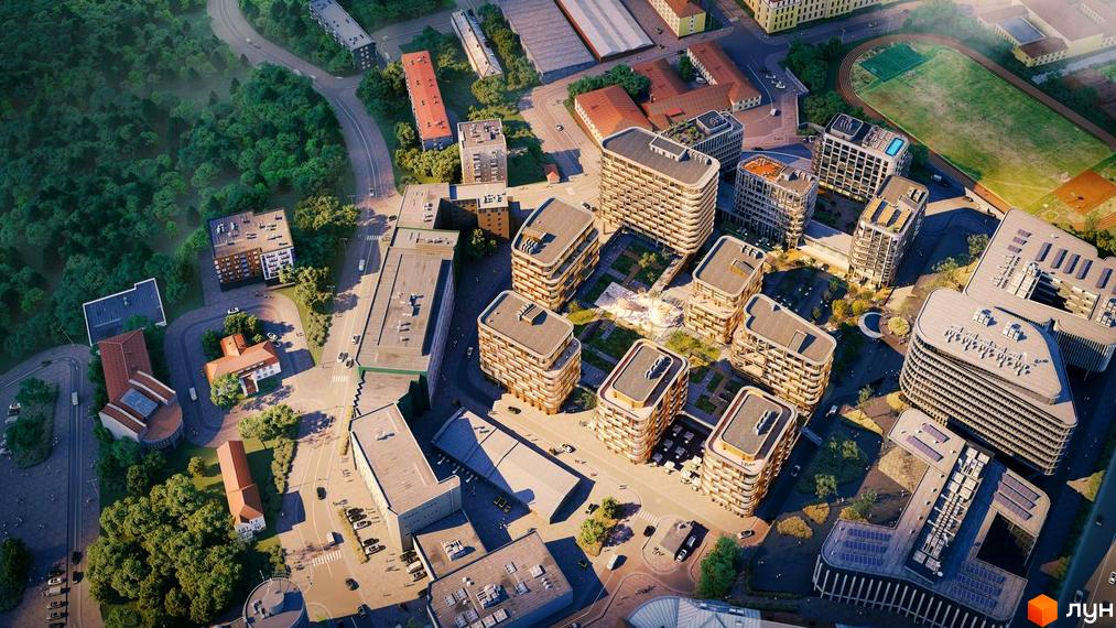 Житловий комплекс LVIV CITY з будинками світлих відтінків та округлими формами. Навколо розташовані зелені зони, дороги та спортивний стадіон.