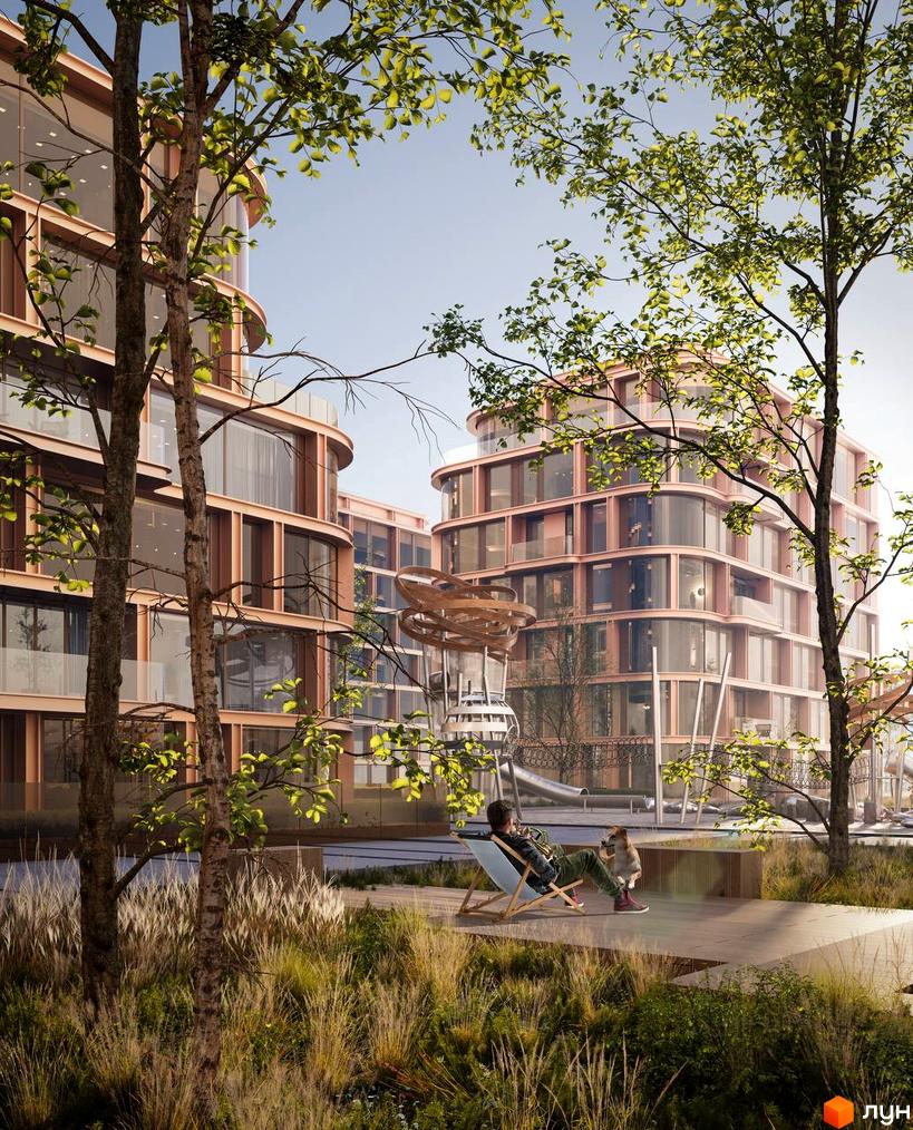 LVIV CITY: Житлові будинки з округлими фасадами та панорамними вікнами. Навколо зелена зона з деревами, місцями для відпочинку та дитячим майданчиком.