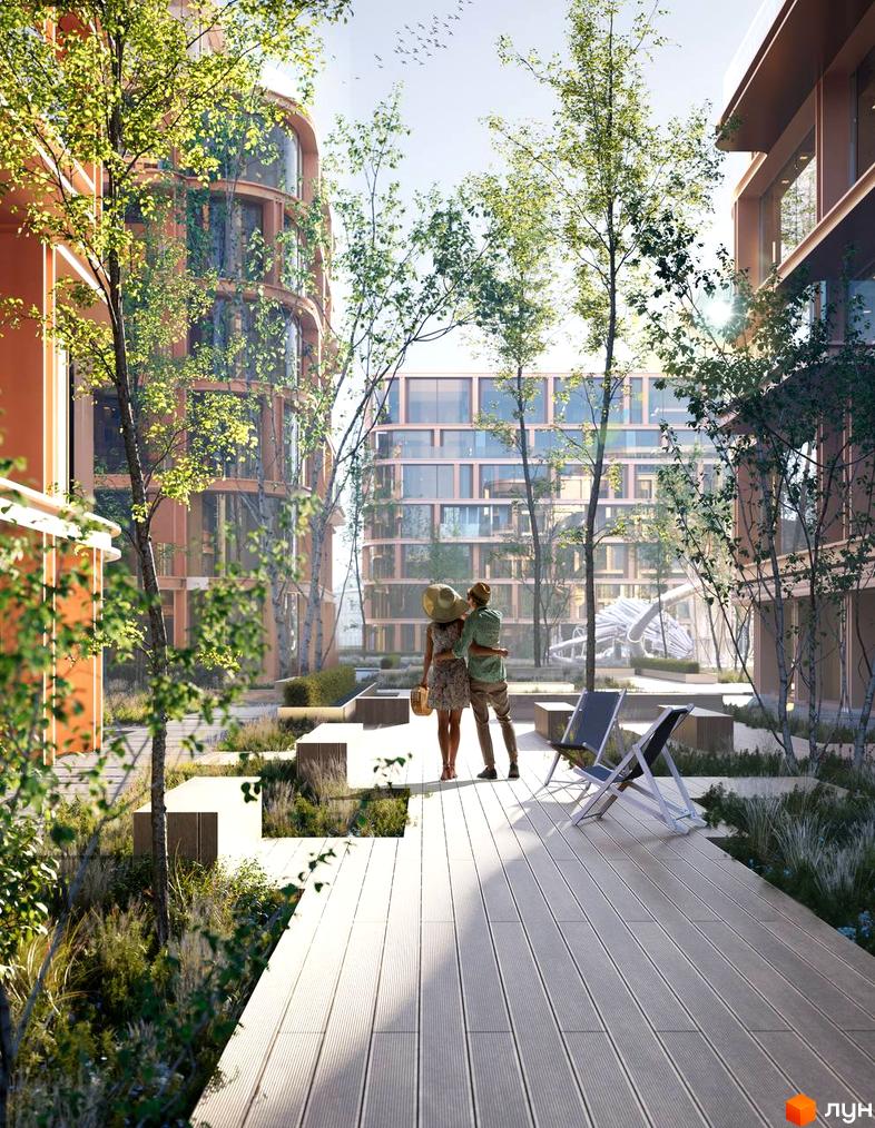 Житловий комплекс LVIV CITY: будинки з округлими фасадами та великими вікнами, зелена прибудинкова територія з деревами та зонами відпочинку.