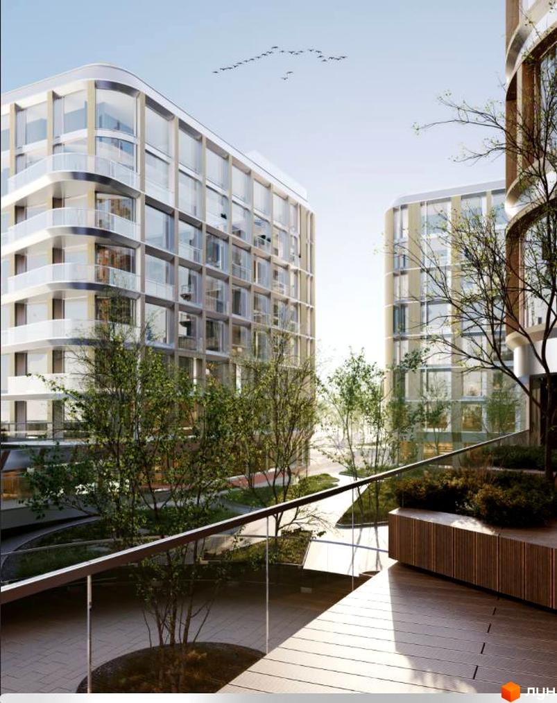 Фасадні будинки житлового комплексу LVIV CITY з округлими кутами та панорамними вікнами, оточені доглянутою прибудинковою територією з деревами.