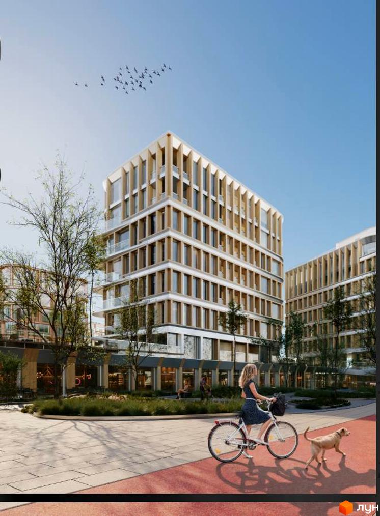 Житловий комплекс LVIV CITY з унікальною фасадною архітектурою та просторою прибудинковою територією, де люди насолоджуються прогулянками.