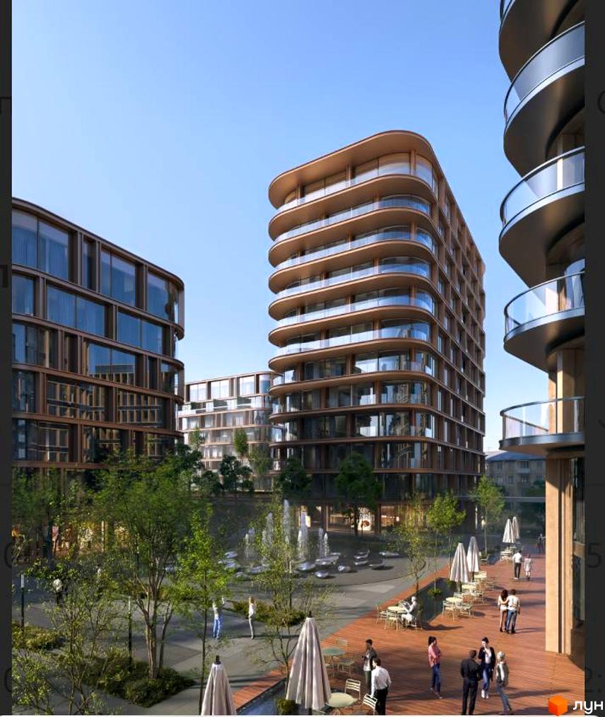 Сучасний житловий комплекс LVIV CITY з вигнутими фасадами та скляними балконами, оточений зеленою зоною з фонтанами та місцями для відпочинку.