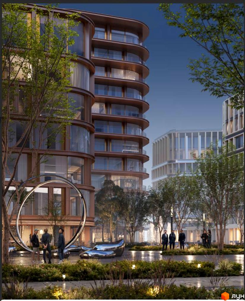 Житловий комплекс LVIV CITY з округлими фасадами та великими вікнами. Прибудинкова територія має зелені зони, доріжки та скульптури.
