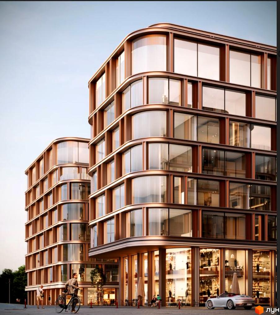 Дві багатоповерхові будівлі LVIV CITY з вигнутими скляними фасадами та світлими вікнами. На прибудинковій території бруківка, пішоходи та автомобіль.