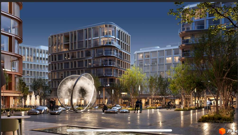 Проєкт LVIV CITY: фасади будівель з панорамними вікнами та балконами, сучасний ландшафтний дизайн прибудинкової території з арт-об'єктами та зонами відпочинку.