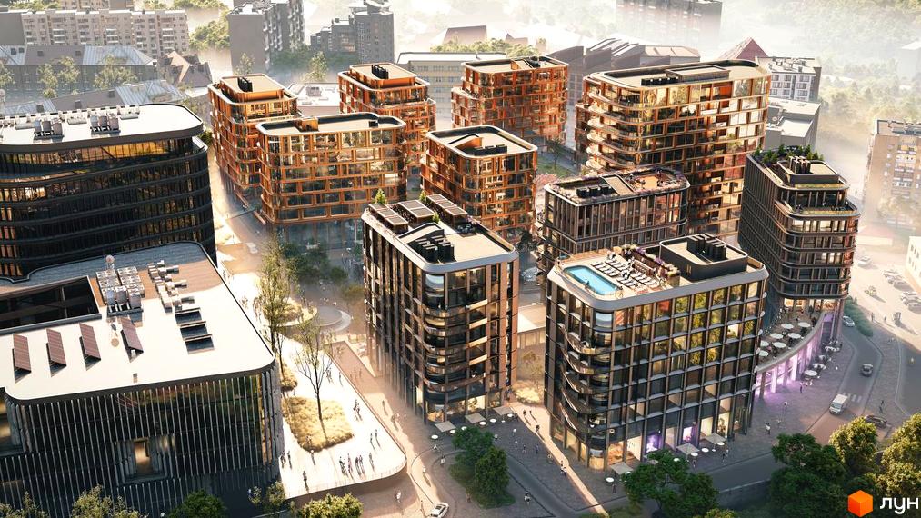 Сучасний житловий комплекс LVIV CITY з багатоповерховими будинками та відпочинковою зоною з басейном на даху. Навколо комплексу розташовані зелені насадження та пішохідні алеї.