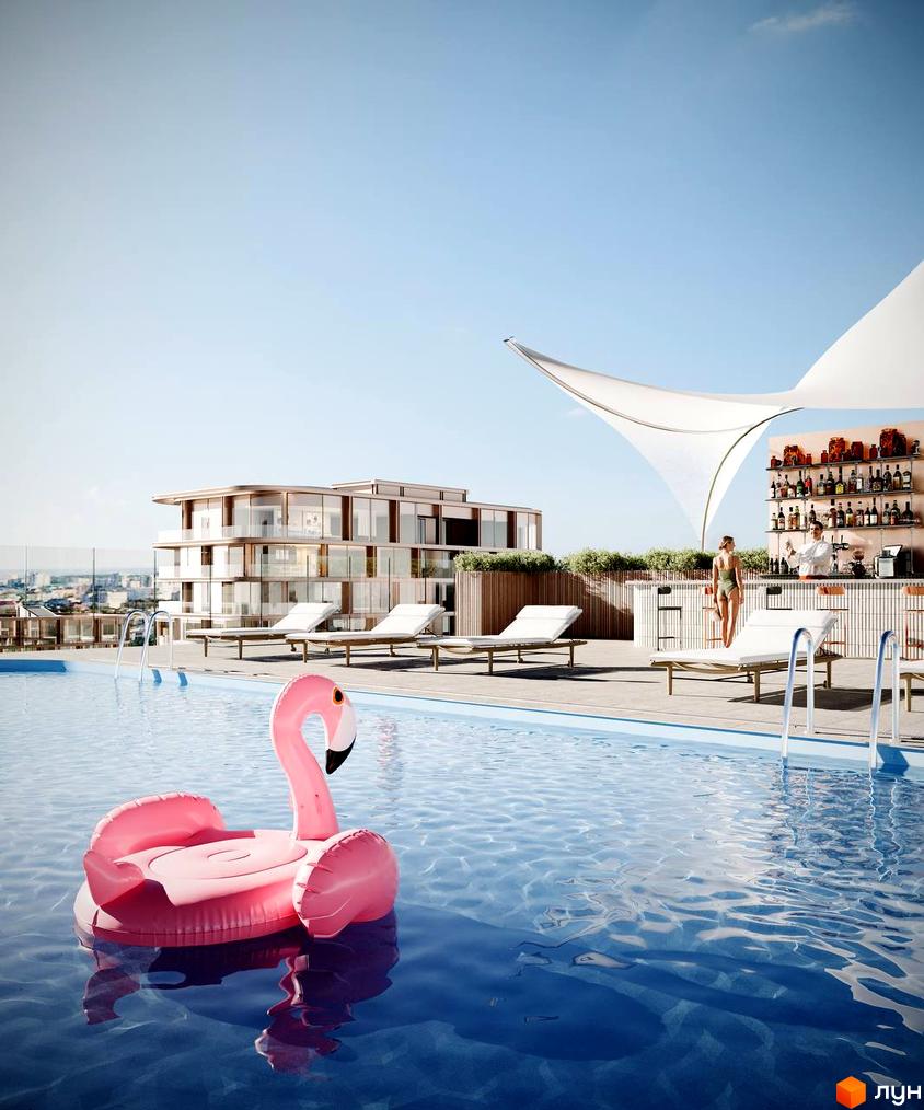 LVIV CITY: Багаторівнева будівля з панорамними вікнами, на даху якої розташований басейн з рожевим фламінго та зона відпочинку.