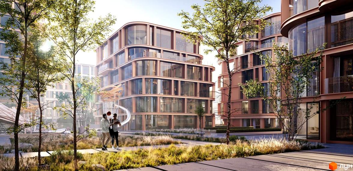 LVIV CITY: будинки з округлими фасадами та великими вікнами. Прибудинкова територія облаштована зеленими насадженнями та зонами для відпочинку.