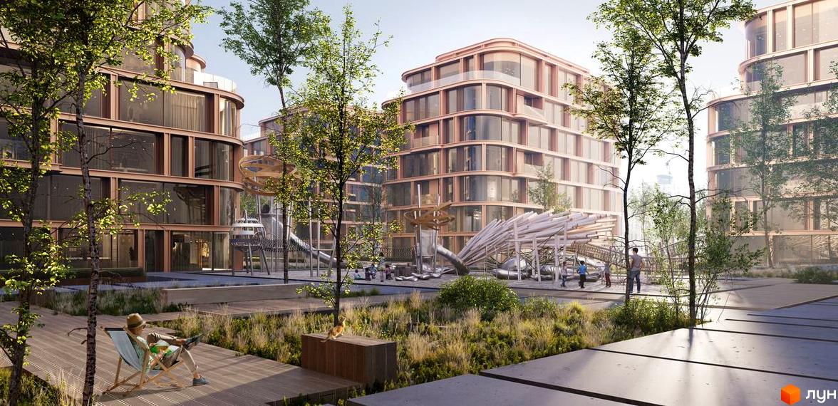 Житловий комплекс LVIV CITY з оригінальною архітектурою та зоною відпочинку з дитячим майданчиком. Зелена прибудинкова територія з деревами та зонами для дозвілля.