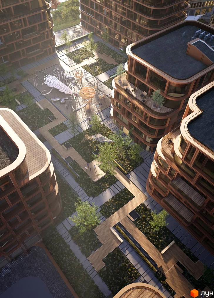 LVIV CITY з багатоповерховими будинками округлої форми та коричневими фасадами. Прибудинкова територія має зелені зони, дерев'яні доріжки та дитячий майданчик.