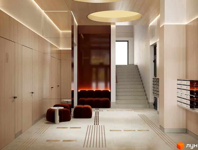 Сучасний дизайн вхідної групи житлового комплексу HELGA з дерев'яними панелями, м'якими меблями та сходами до другого поверху.