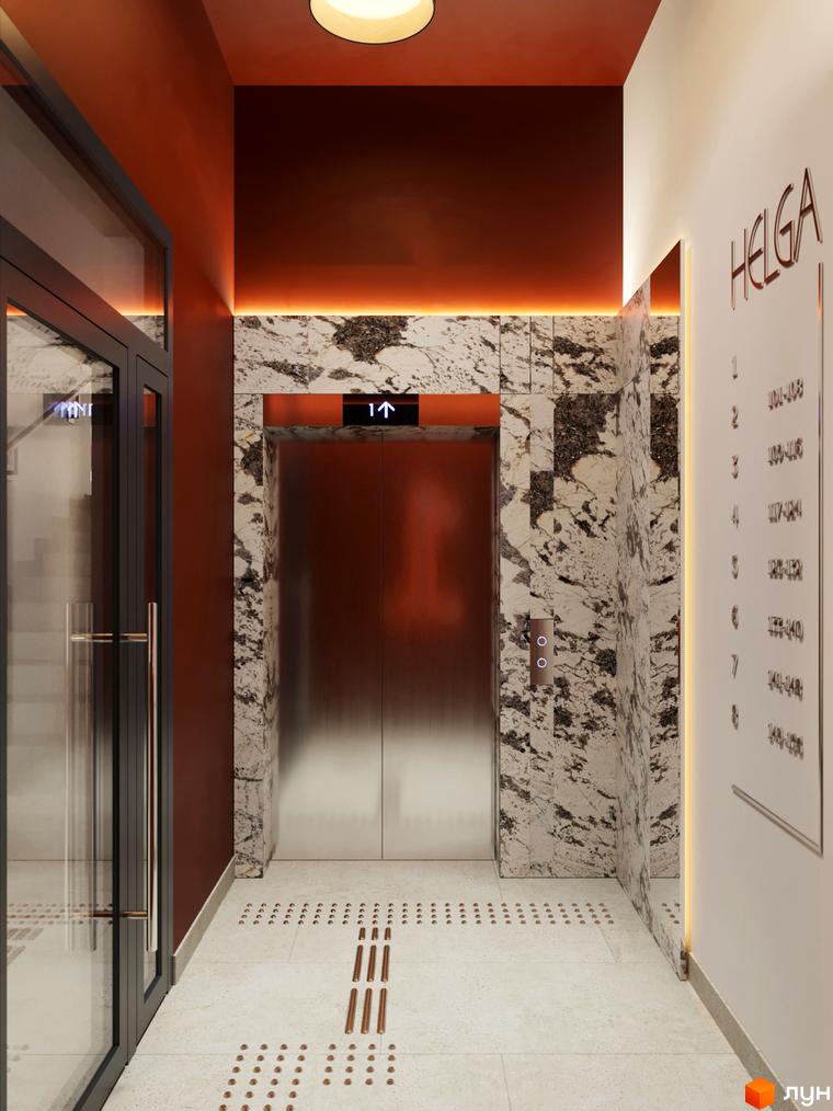 Вхідна група житлового комплексу HELGA з мармуровим оздобленням та підсвічуванням. На стіні біля ліфта розташована навігація з номерами поверхів та квартир.