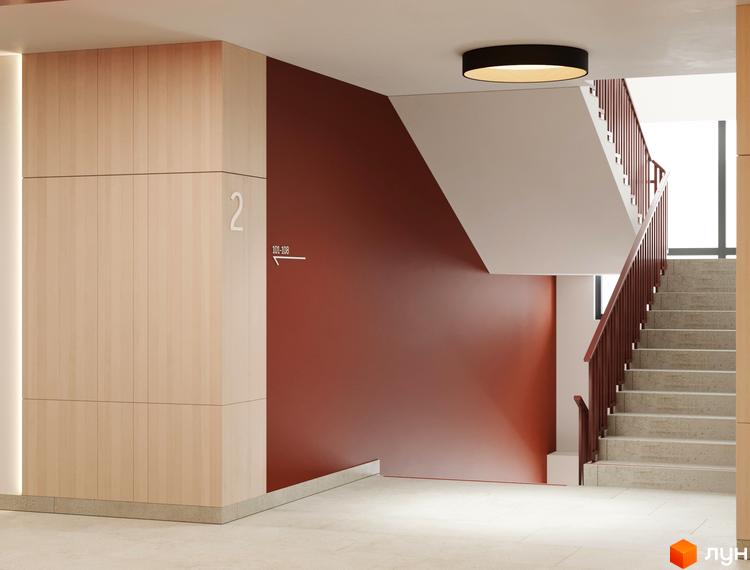 HELGA: сучасний дизайн під'їзду з дерев'яними панелями та червоною стіною, сходи з поручнями.