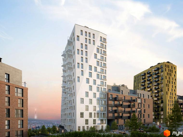 Житловий комплекс Viking Hills - це сучасна житлова забудова з білою та жовтою фасадною обробкою, балконами та прибудинковою територією з деревами.