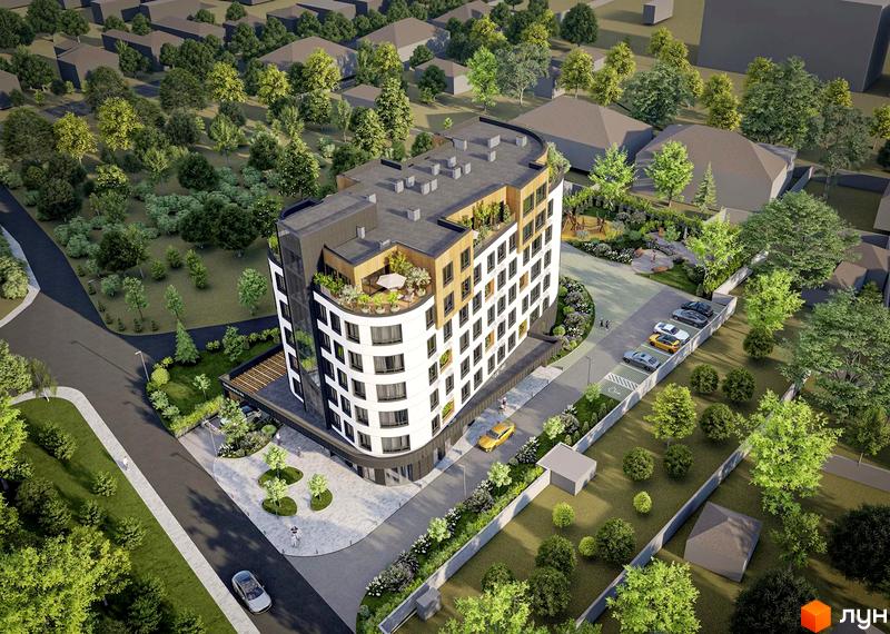 Новобудова FREEDOM: вигнутий фасад білого, темного, дерев'яного кольорів, тераса на даху. Навколо: зелені насадження, паркінг, дитячий майданчик.