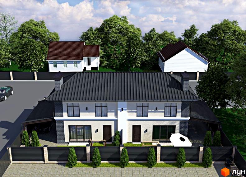 Дуплекси Four story з сірими дахами та білими фасадами, огороджені чорним парканом з цегляними стовпами, на тлі зелених дерев.